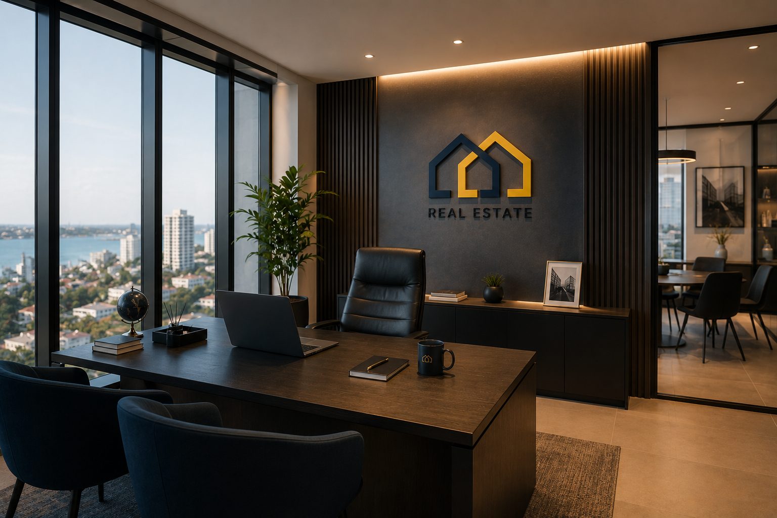 Escritório da Scrollup Imobiliária, com vista sobre Maputo.