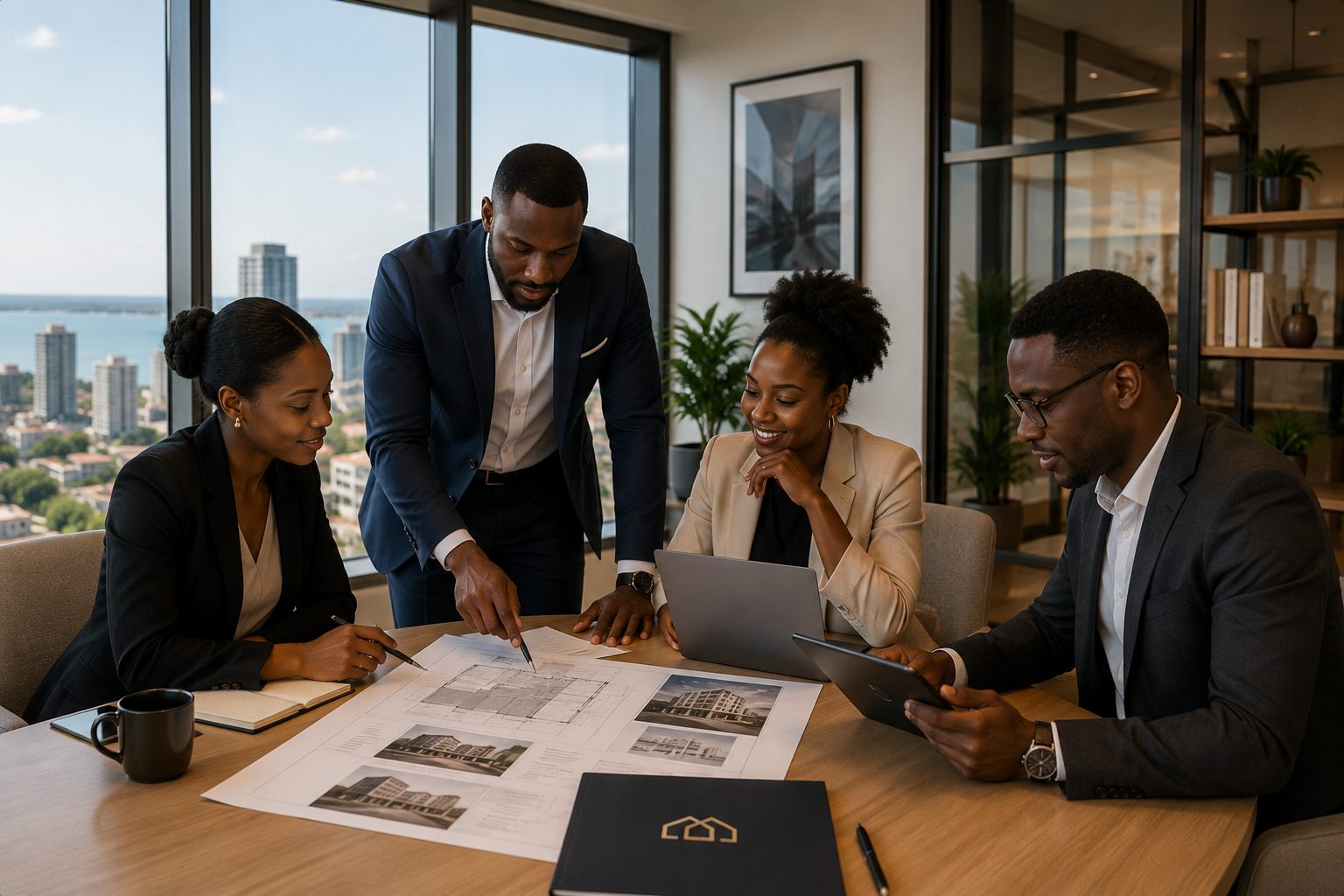 Equipa Scrollup Imobiliária reunida à volta de plantas de um empreendimento, num escritório com vista sobre Maputo.